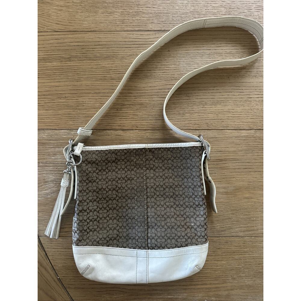 Coach vtg Purse Logo Signature Handbags White Brown Monogram F10416‎